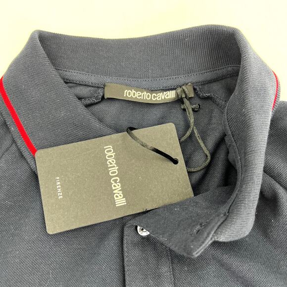 Roberto Cavalli Embroidered Logo Pique Short Sleeve Polo Shirt Navy Blue Top - Picture 3 of 8